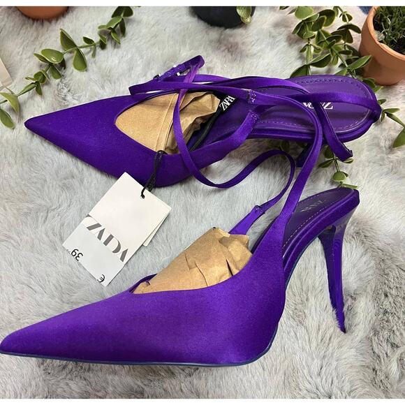 RARE!!! ZARA Strappy Satin Pointed Heels NWT 💜 - Picture 5 of 16